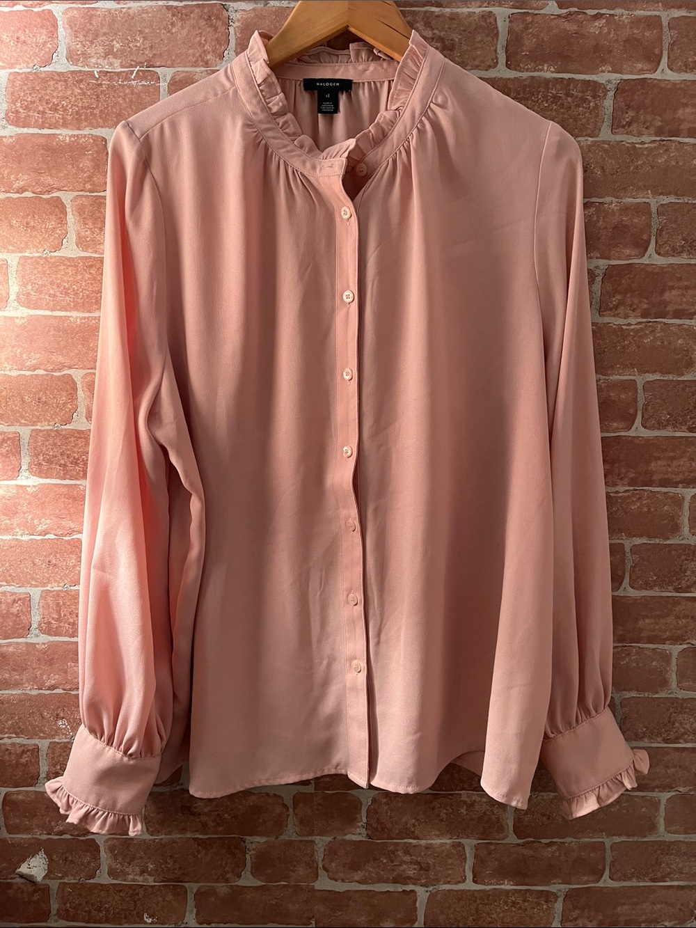 Halogen / Nordstrom Blush Pink Ruffle-Trim Button Down Blouse